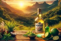 A bottle of Aguardiente against a mountainous backdrop